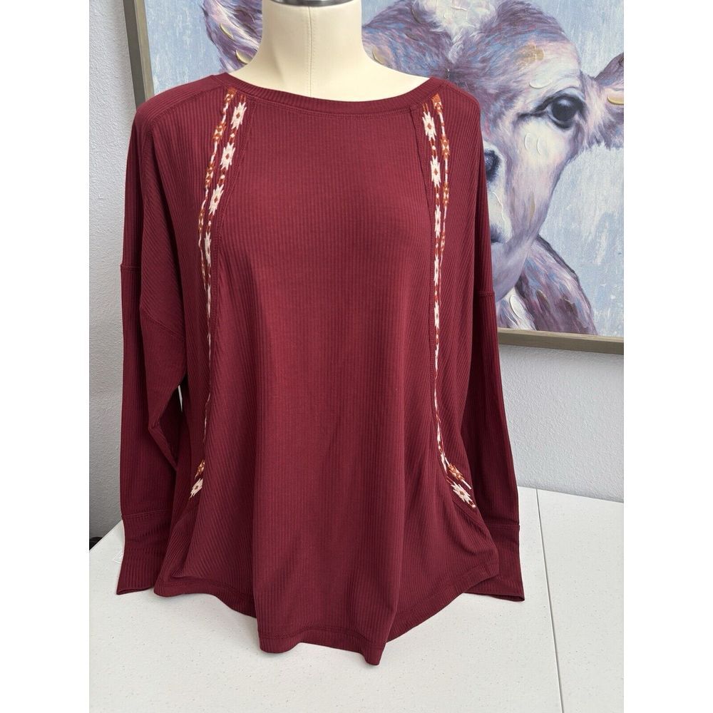 Cruel Denim Women's XL Maroon‎ Southwest Embroidered Knit Long Sleeve Tee Shirt